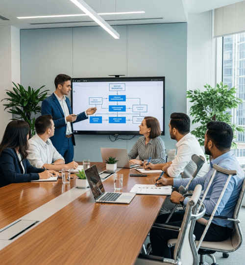 A Malaysian consultant discussing digital strategy with a PWD NGO in a modern meeting room.