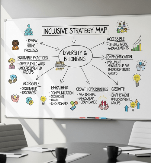 Meeting backdrop with an inclusive strategy map shown on a whiteboard.