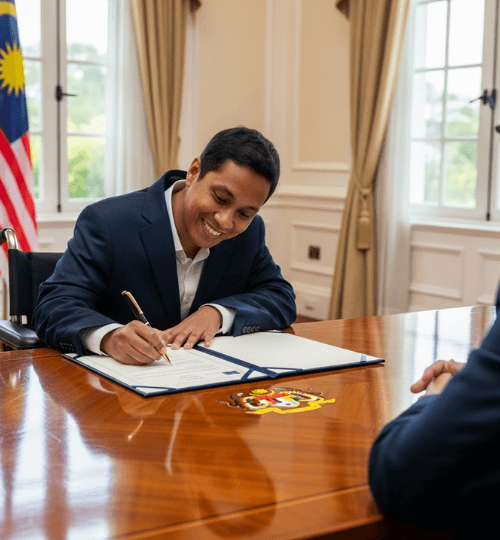 A PWD representative signing an official document with a smile.