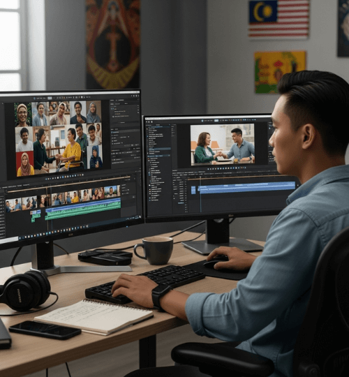 A Malaysian video editor working on a computer, editing an inclusive campaign video.